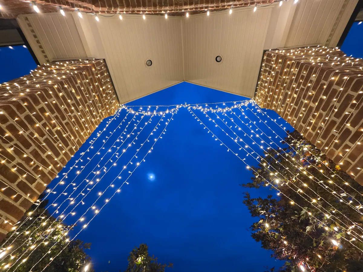 Glass-walled structure with dramatic crisscrossing warm string lights overhead