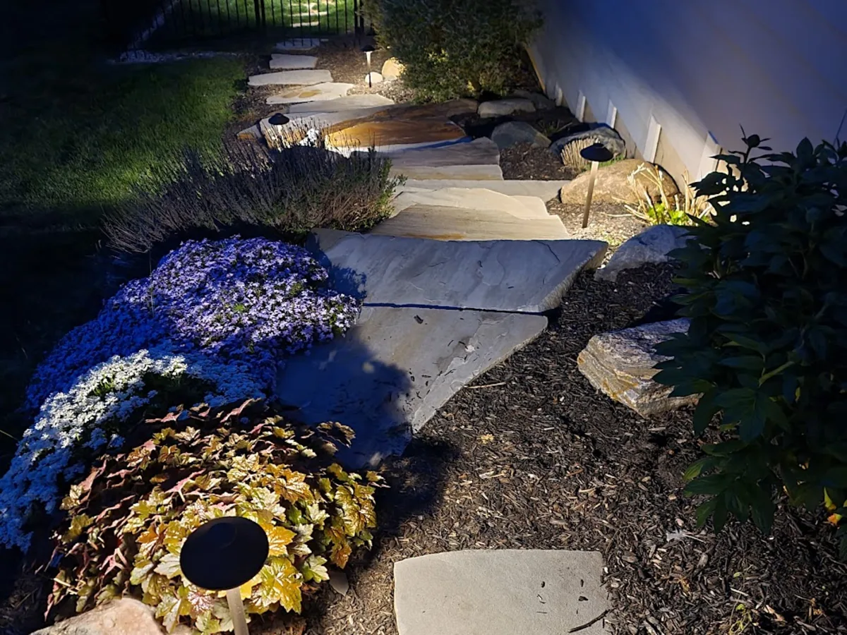 Flagstone garden path lined with low-voltage path lights and illuminated flower beds at night
