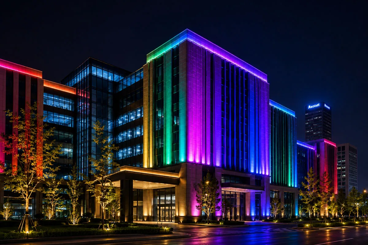 Programmable RGB permanent lighting outlining the roofline of a commercial building at night